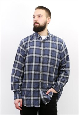 Vintage XL TALL Flannel Plaid Shirt Casual Button Check Blue