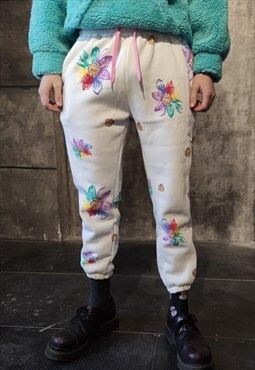 Rainbow flower joggers slim fit y2k daisy overalls in white