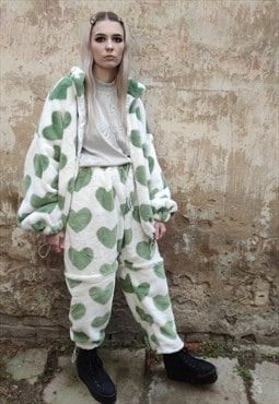 Heart fleece joggers handmade love print 2 in 1 overalls