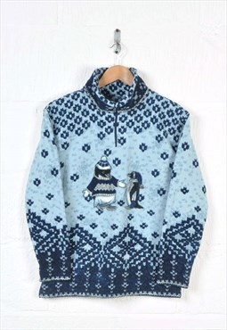 Vintage Fleece 1/4 Zip Penguin Retro Pattern Blue Ladies S