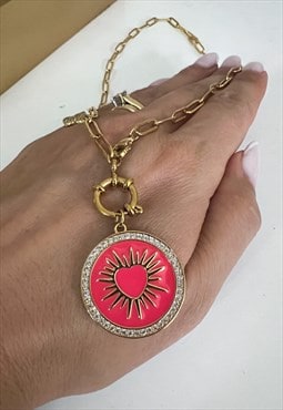 Gold Plated Neon Coral Heart & Butterfly Medallion Necklace