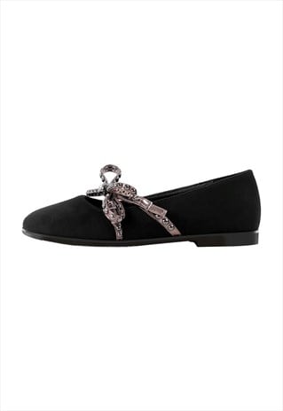 Rivet Bow Round Toe Buckle Strap Suede Flats