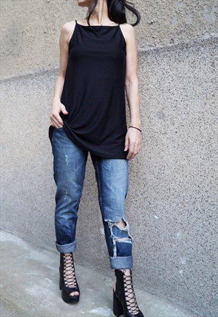 BLACK TOP/TUNIC/SUMMER/DRAPED/LOOSE/BACKLESS/F1621