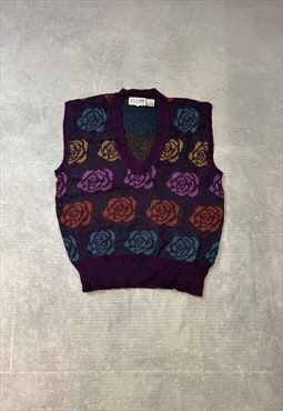 Vintage Knitted Sweater Vest Flower Patterned Grandad Knit