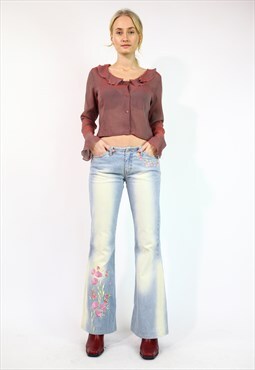 Vintage Y2K Low Rise Waist Embroidery JEans in Light Blue Sm