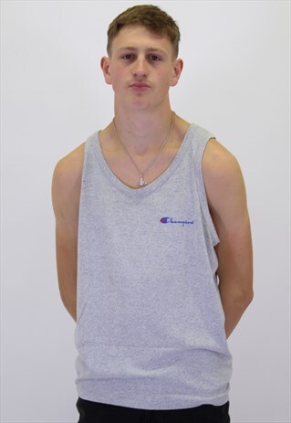 VINTAGE CHAMPION SPELL OUT VEST T-SHIRT IN GREY XL