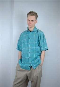 Vintage 90's baggy checkered summer cool shirt in turquoise