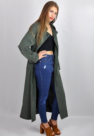VINTAGE 90S LONG TEAL OVERSIZE MAC TRENCH COAT