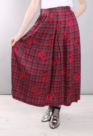 VINTAGE 80S PINK FLORAL CHECK PATTERNED MAXI SKIRT