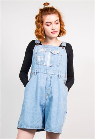 90'S VINTAGE LIGHT BLUE DENIM STRIPE PATCHED DUNGAREES