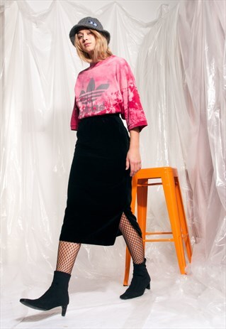 VINTAGE VELVET SKIRT 80S MINIMALIST BLACK HIGH-WAIST MIDI