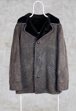 VINTAGE BORG SHEEPSKIN COAT REAL SUEDE 80S GREEN LARGE