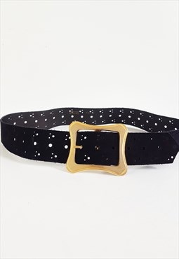 1980s Vintage Black Suede Belt Gold Buckle Black Wide Suede 