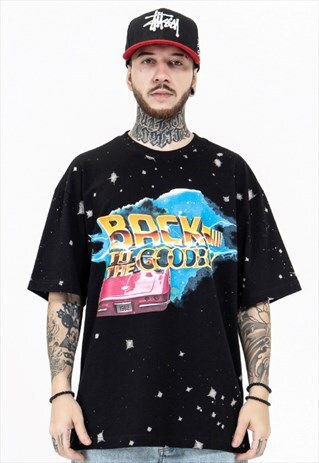 RACING LETTER PRINT HAND-PAINTED STARRY T-SHIRT