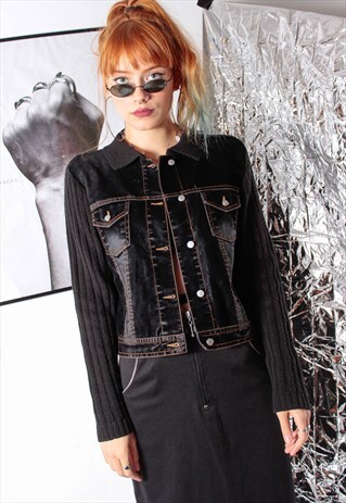 90S GRUNGE Y2K GOTH BLACK VELVET DENIM KNIT CARDIGAN JACKET