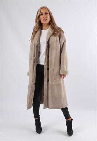 VINTAGE SHEEPSKIN SUEDE SHEARLING COAT MID LONG UK 14 (A8BY)