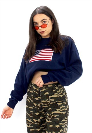 90'S RETRO BLUE OVERSIZED AMERICAN FLAG SWEATSHIRT