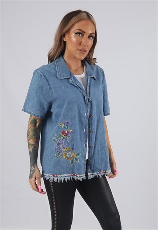 VINTAGE DENIM SHIRT OVERSIZED FITTED EMBROIDERED FLORAL (C3C