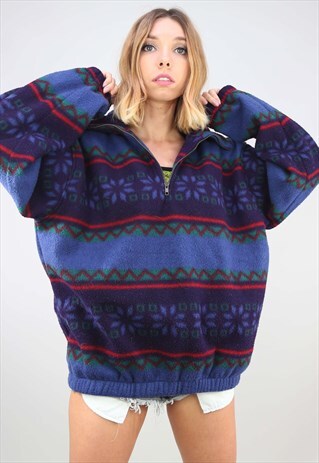 VINTAGE 90S OVERSIZED 1/4 ZIP PATTERNED FESTIVAL FLEECE
