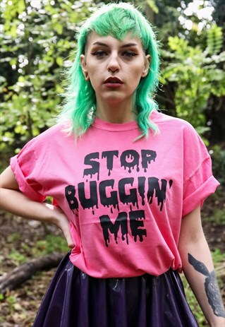 PINK OVERSIZED TEE WITH STOP BUGGIN' ME SLOGAN PRINT