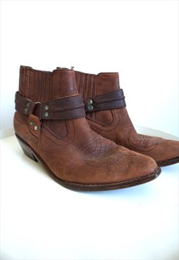 Vintage Brown Genuine Leather Biker Boots Shoes Cowboy boots