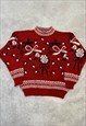 VINTAGE KNITTED JUMPER ABSTRACT FLOWER BOW PATTERNED KNIT