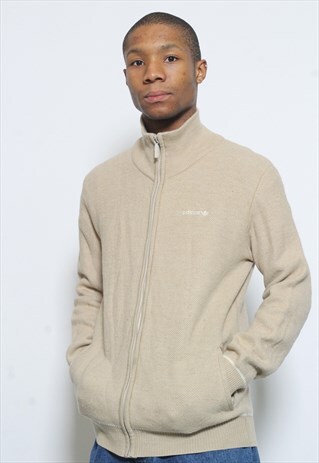 VINTAGE ADIDAS KNIT LOGO FULL ZIP JUMPER BEIGE