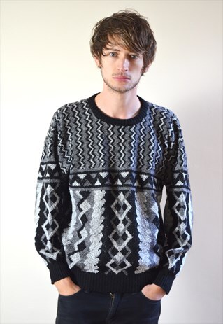 80S VINTAGE BLACK & GREY ABSTRACT KNIT JUMPER