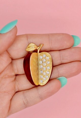 90S RED APPLE RHINESTONE BROOCH, GLAM VINTAGE JEWELLERY