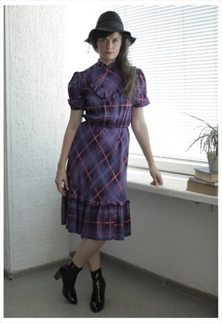 VINTAGE 80'S MIDI MULTICOLOR PLAID SHORT SLEEVE DRESS