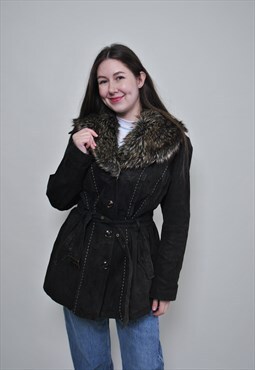 Leather shearling coat, vintage suede overcoat MEDIUM size 