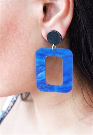 BLUE LARGE GEOMETRIC RECTANGLE ACRYLIC DROP DANGLE EARRINGS