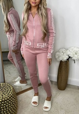 Dusty Pink Greek Key Knitted Zip Cardigan And Trouser Set