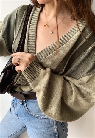 VINTAGE 80S UNISEX NEUTRAL KNIT OVERSIZED CARDIGAN JUMPER