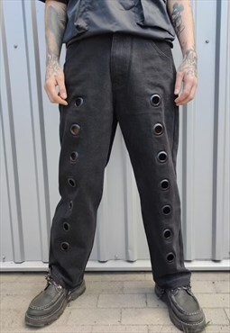 Metal holes jeans washed out reworked denim overalls black