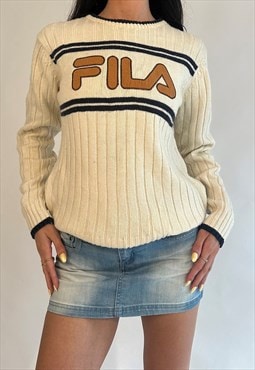 90s Fila Cream & Navy Knitted Spell Out Ribbed Jumper