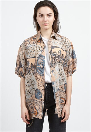 VINTAGE BROWN BLUE MEMORIES SHORT SLEEVE SILK SHIRT