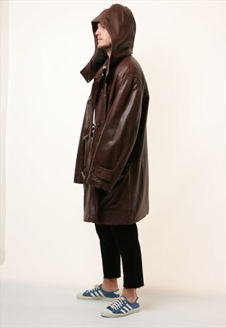 90S VINTAGE OLDSCHOOL RUFFO HOODED HEAVY LEATHER COAT 15474