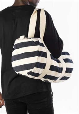 54 Floral Striped Barrel Holdall Backpack Bag - Cream/Blue