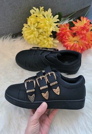 BLACK FAUX LEATHER BUCKLED FASHION TRAINERS