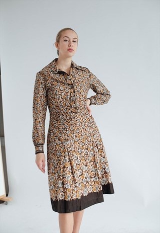 Vintage 60s Fitted Long Sleeve Midi Dress in Brown Floral XS