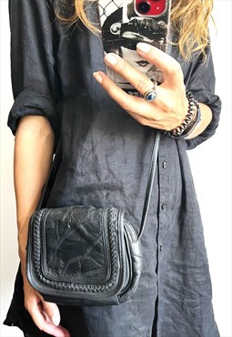 90s Mini Black real Leather Patchwork  Festival Shoulder Bag