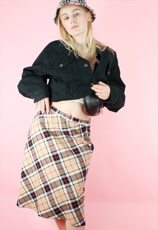 VINTAGE 90S SKIRT TARTAN Y2K MIDI PLAID RED BLACK BEIGE