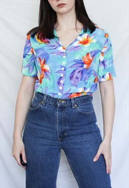 Vintage button down bright floral and tropical print blouse
