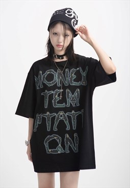 Money slogan t-shirt retro raver top skater tee in black