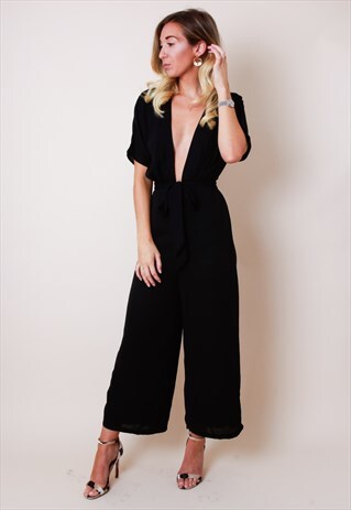 DEEP PLUNGE CULLOTTE JUMPSUIT - BLACK