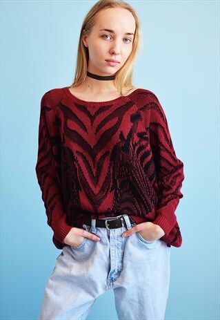 90'S RETRO ABSTRACT PATTERN KNIT BURGUNDY MOMS JUMPER TOP