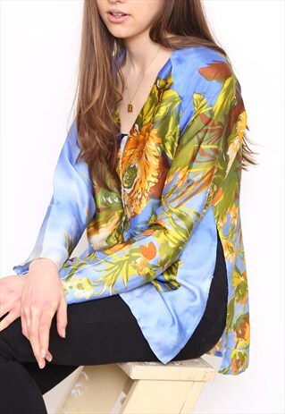 VINTAGE 90S BLUE FLORAL SILKY BLOUSE TOP