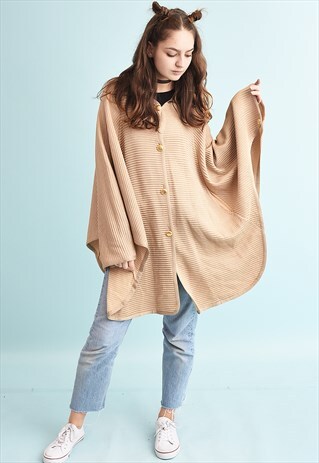 90'S RETRO SHIMMER KNIT CAPE NEUTRAL KNIT PONCHO JACKET