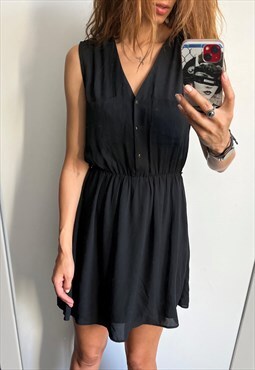 Black Simple Mini Fit Flare V Neck Sleeveless Dress S